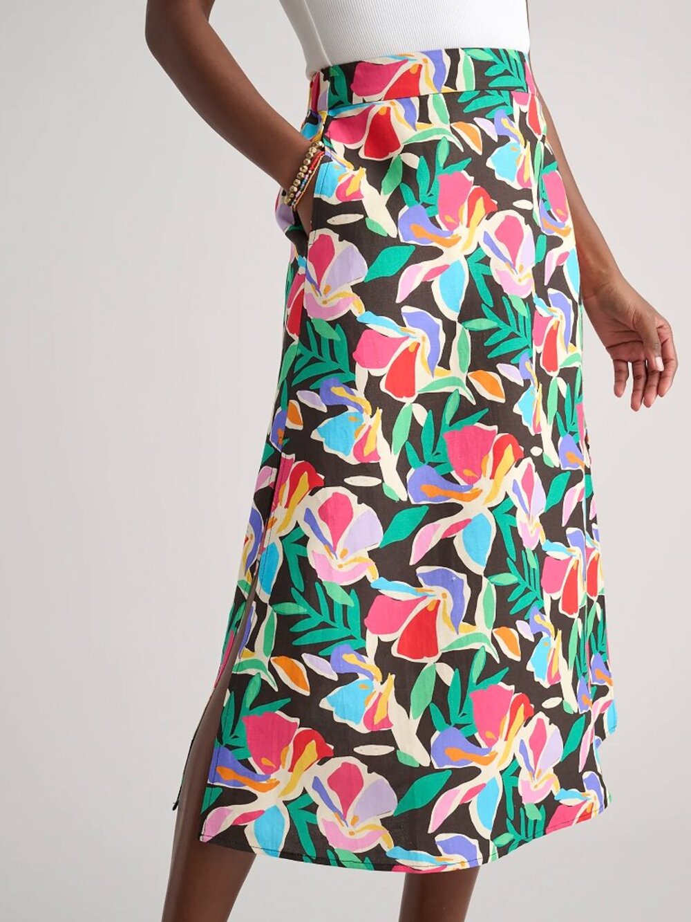 UntuckIt Pippa Skirt Midi Linen Blend Black Jungle Print Colorful (S)